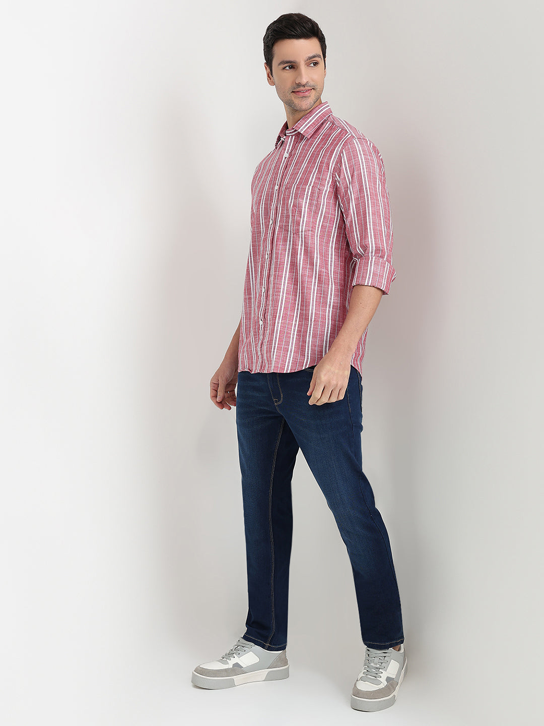 Colorplus Men Red Stripe Regular Fit Cotton Full Sleeve Casual Shirt