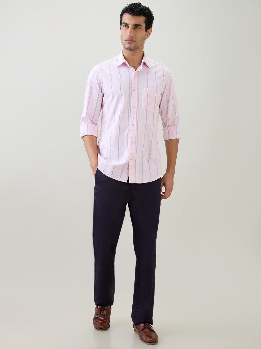 Colorplus Men Red Stripe Regular Fit Cotton Blend Full Sleeve Casual Shirt