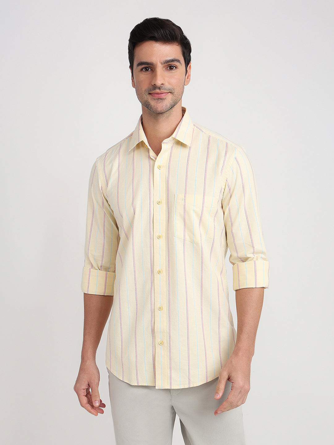 Colorplus Men Yellow Stripe Regular Fit Cotton Blend Full Sleeve Casual Shirt