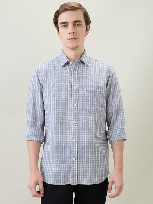 Colorplus Men Grey Checks Regular Fit Linen Blend Full Sleeve Casual Shirt