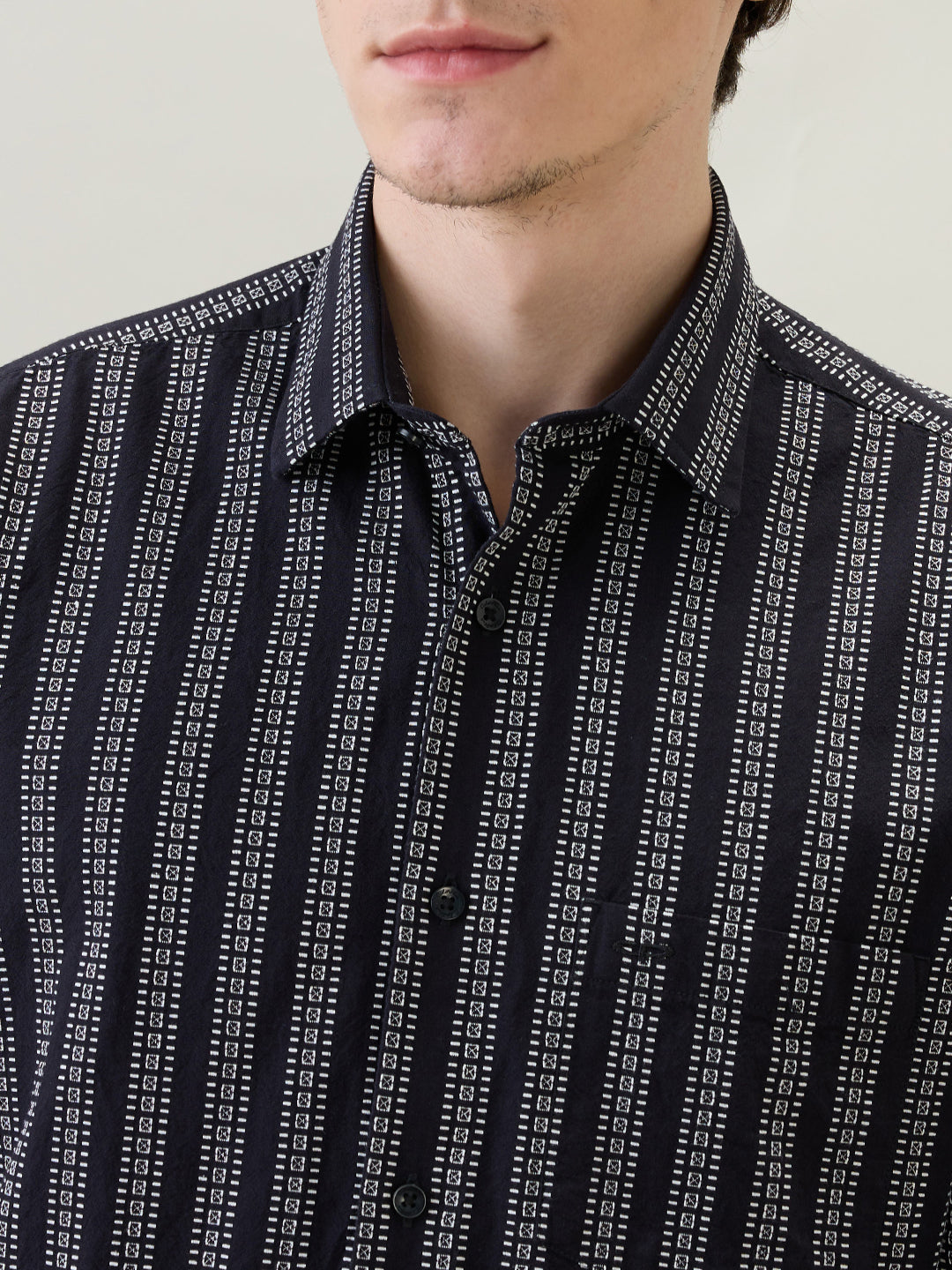 Colorplus Men Black Stripe Regular Fit Cotton Full Sleeve Casual Shirt