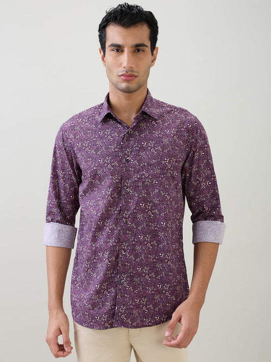 Colorplus Men Purple Printed Regular Fit Cotton Full Sleeve Casual Shirt