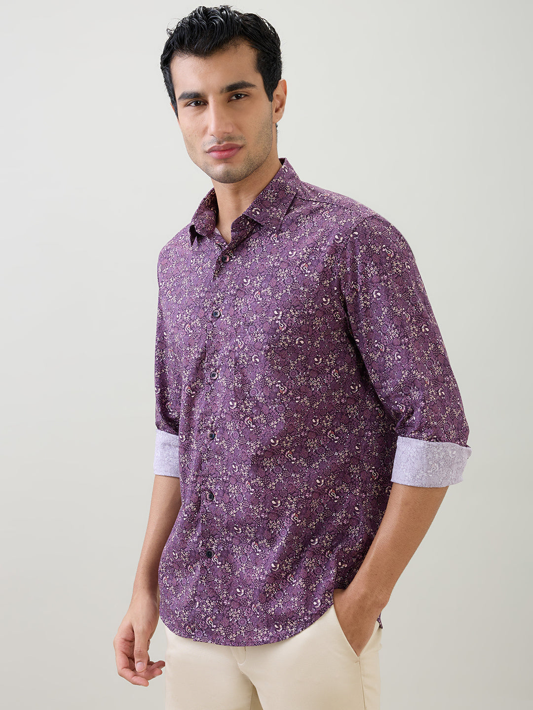 Colorplus Men Purple Printed Regular Fit Cotton Full Sleeve Casual Shirt