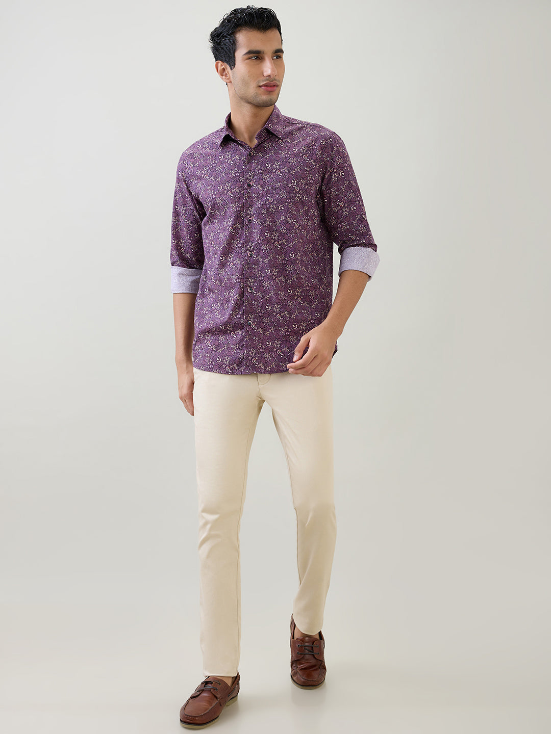 Colorplus Men Purple Printed Regular Fit Cotton Full Sleeve Casual Shirt