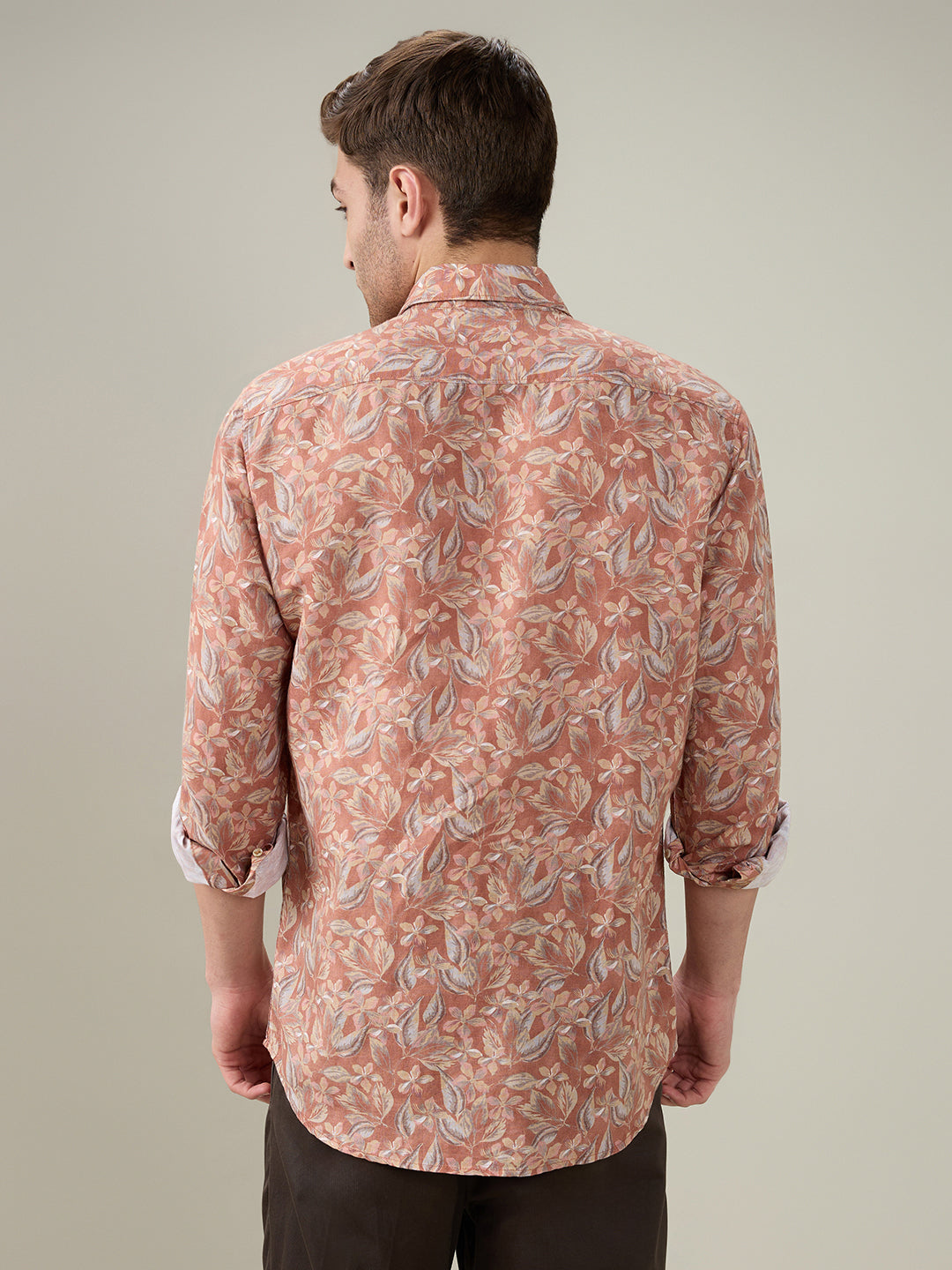 Colorplus Men Orange Printed Regular Fit Linen Blend Full Sleeve Casual Shirt