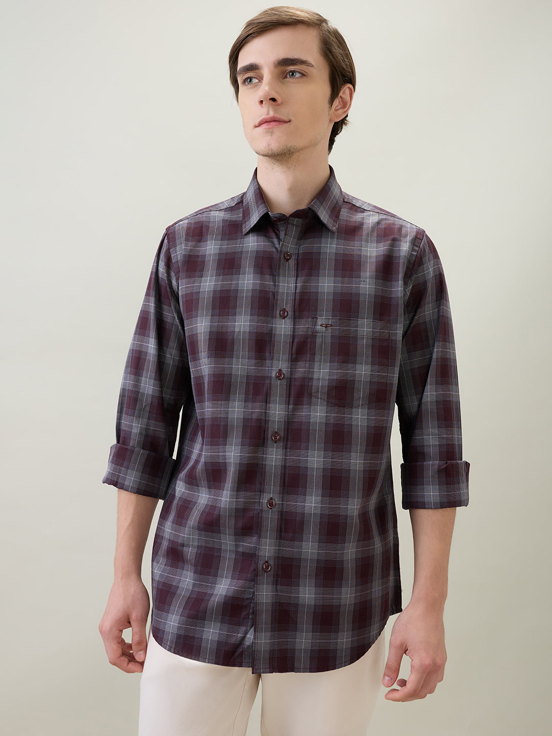 Colorplus Men Maroon Checks Regular Fit Cotton Full Sleeve Casual Shirt