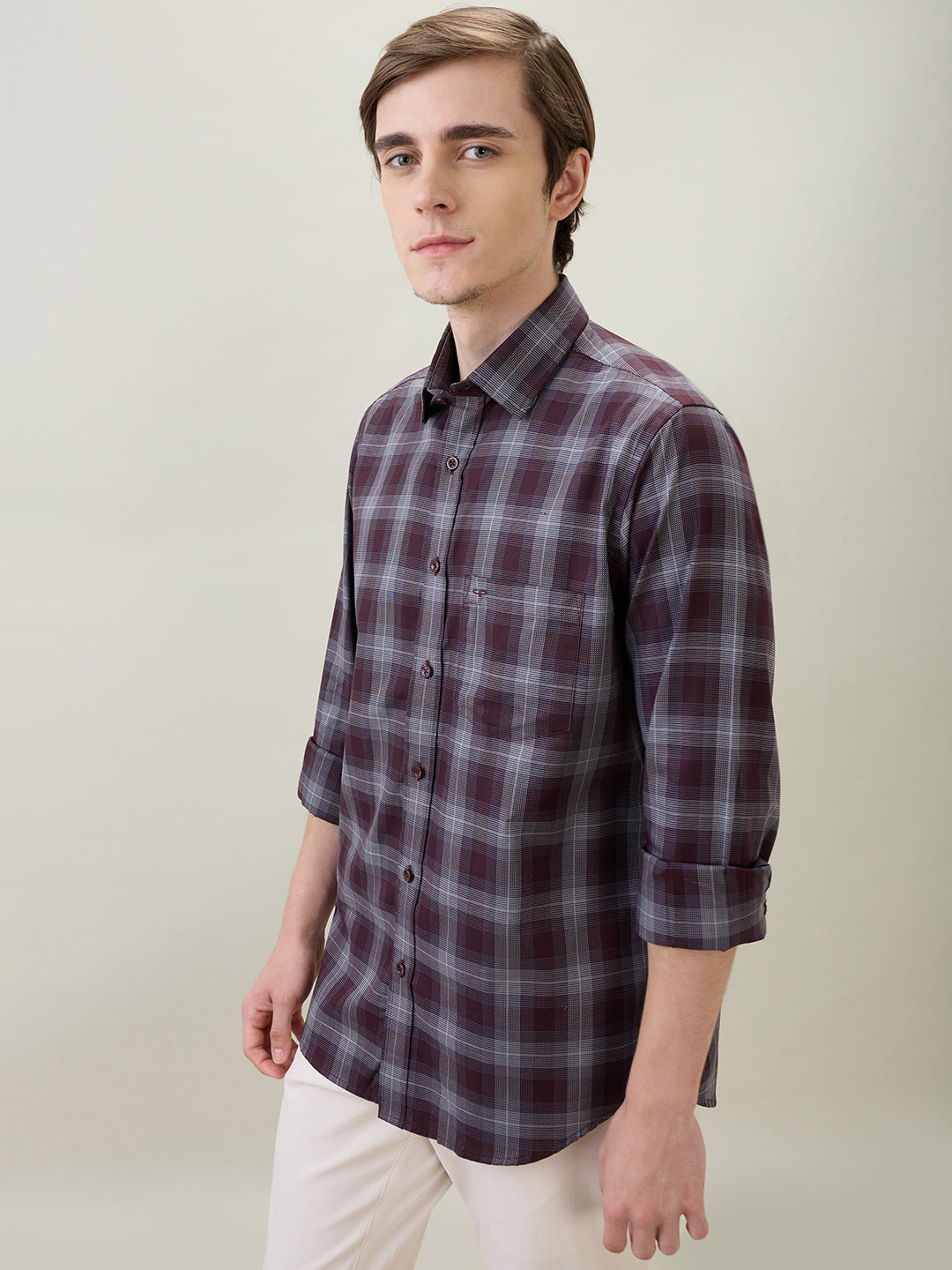 Colorplus Men Maroon Checks Regular Fit Cotton Full Sleeve Casual Shirt