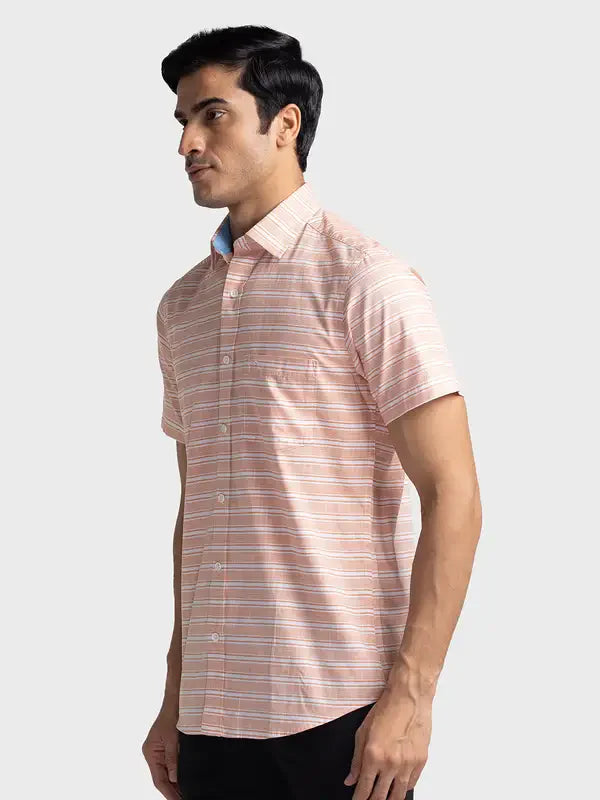 Men Orange Tailored Fit Weft Stripe Cotton Half Sleeve Shirts