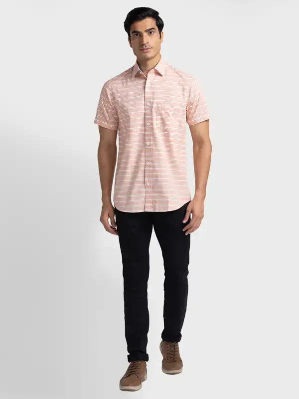 Men Orange Tailored Fit Weft Stripe Cotton Half Sleeve Shirts