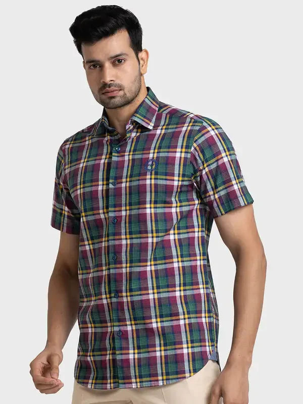 Colorplus Men Red Tailored Fit Checks Cotton Shirt