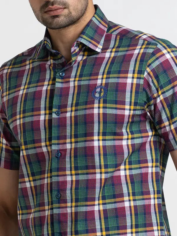 Colorplus Men Red Tailored Fit Checks Cotton Shirt
