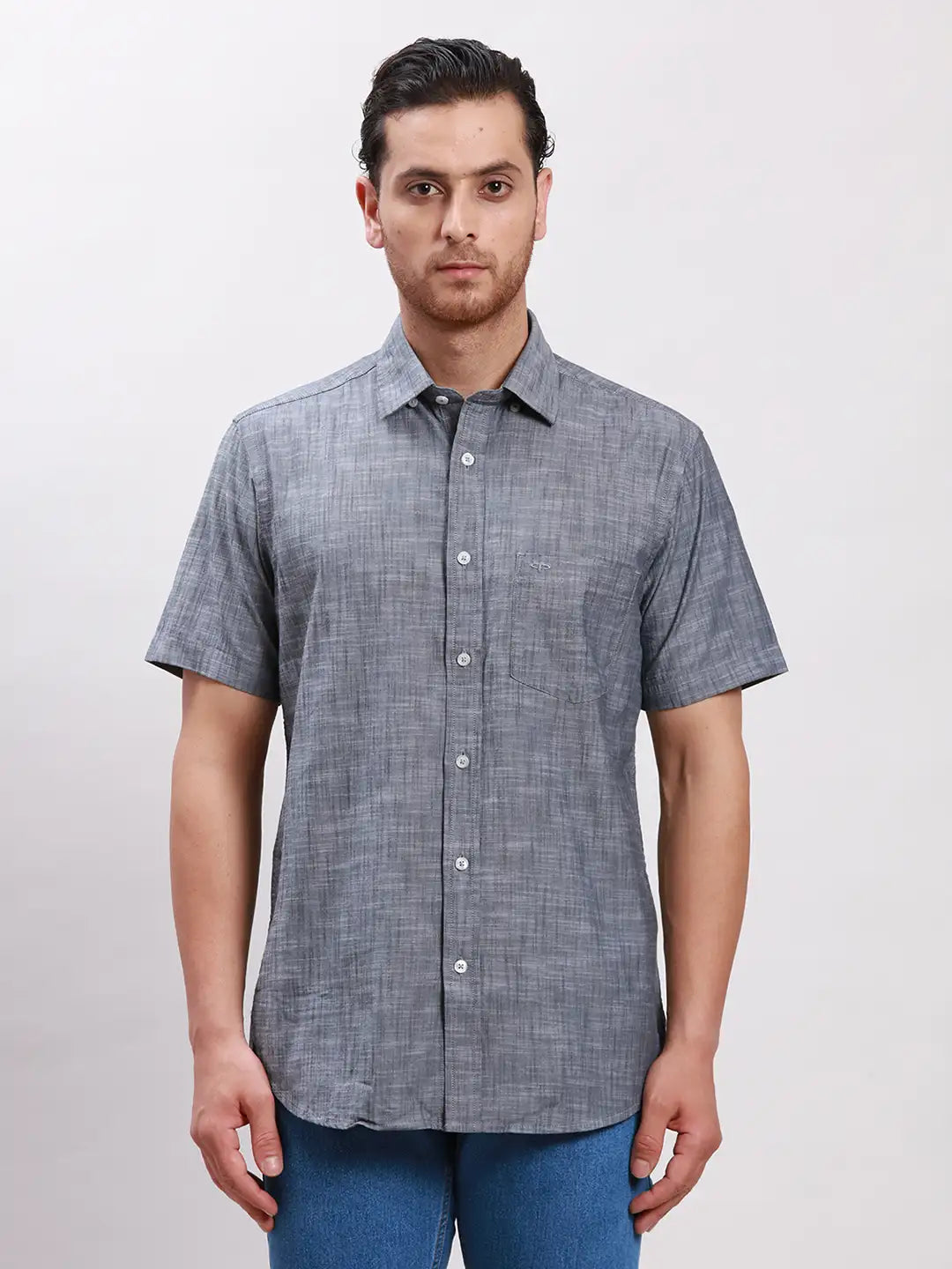 Colorplus Men Grey Tailored Fit Solid Cotton Half Sleeve Shirts