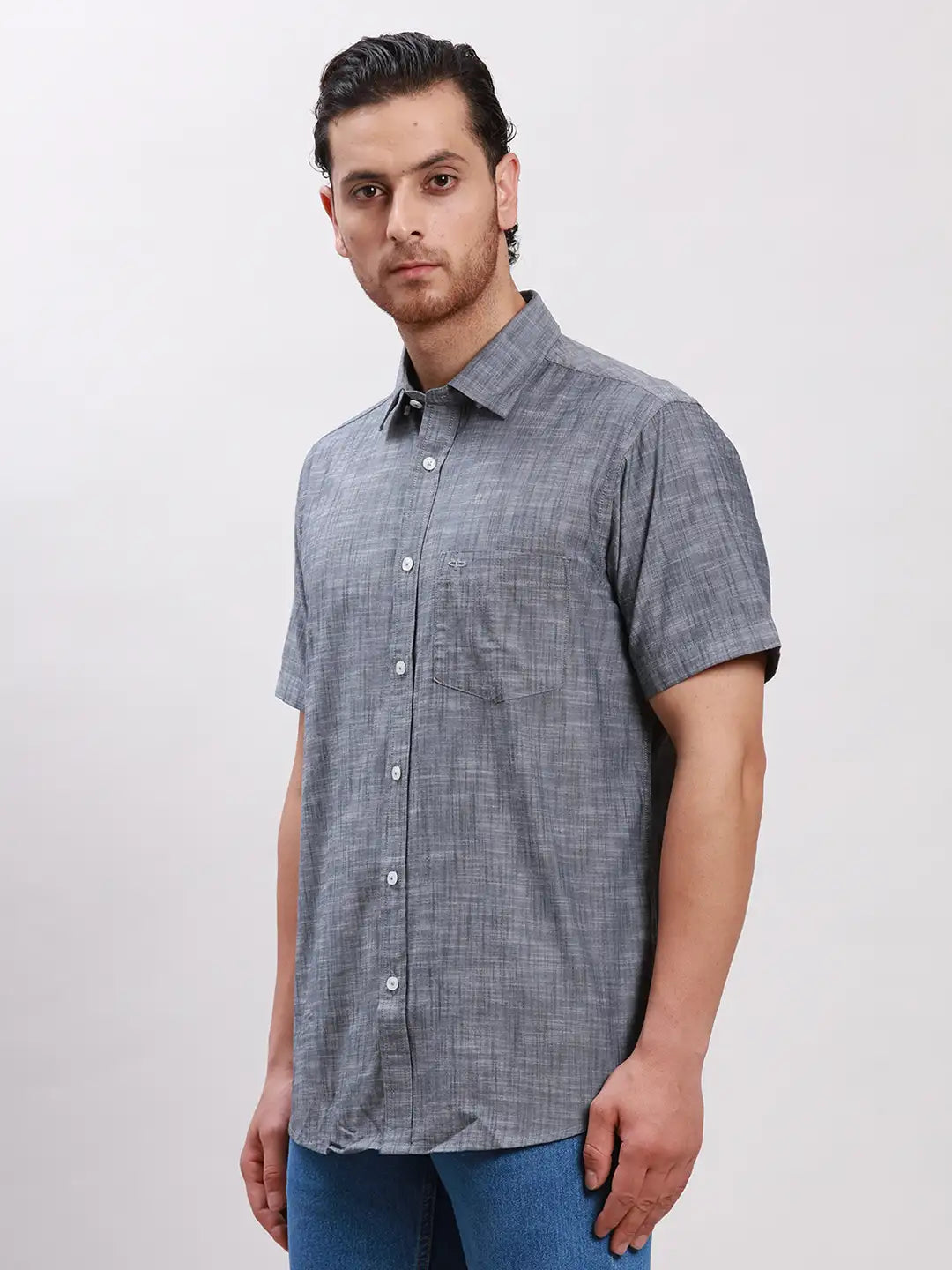 Colorplus Men Grey Tailored Fit Solid Cotton Half Sleeve Shirts