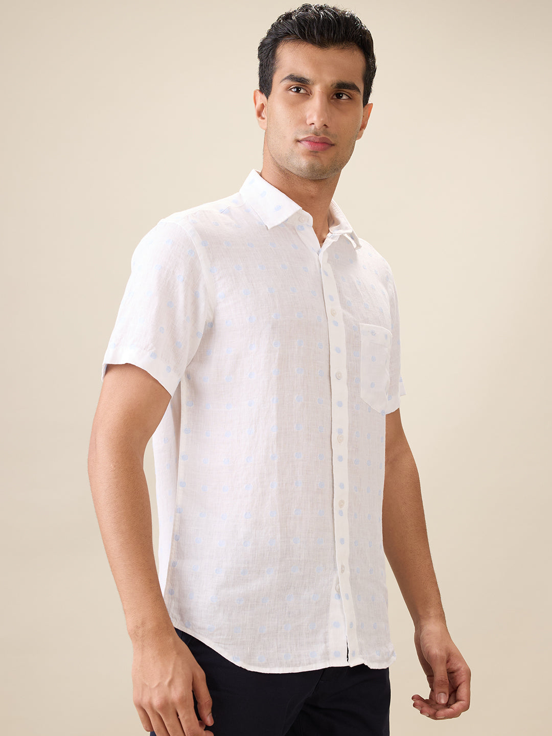 Colorplus Men White Jacquard Regular Fit Linen Blend Half Sleeve Casual Shirt