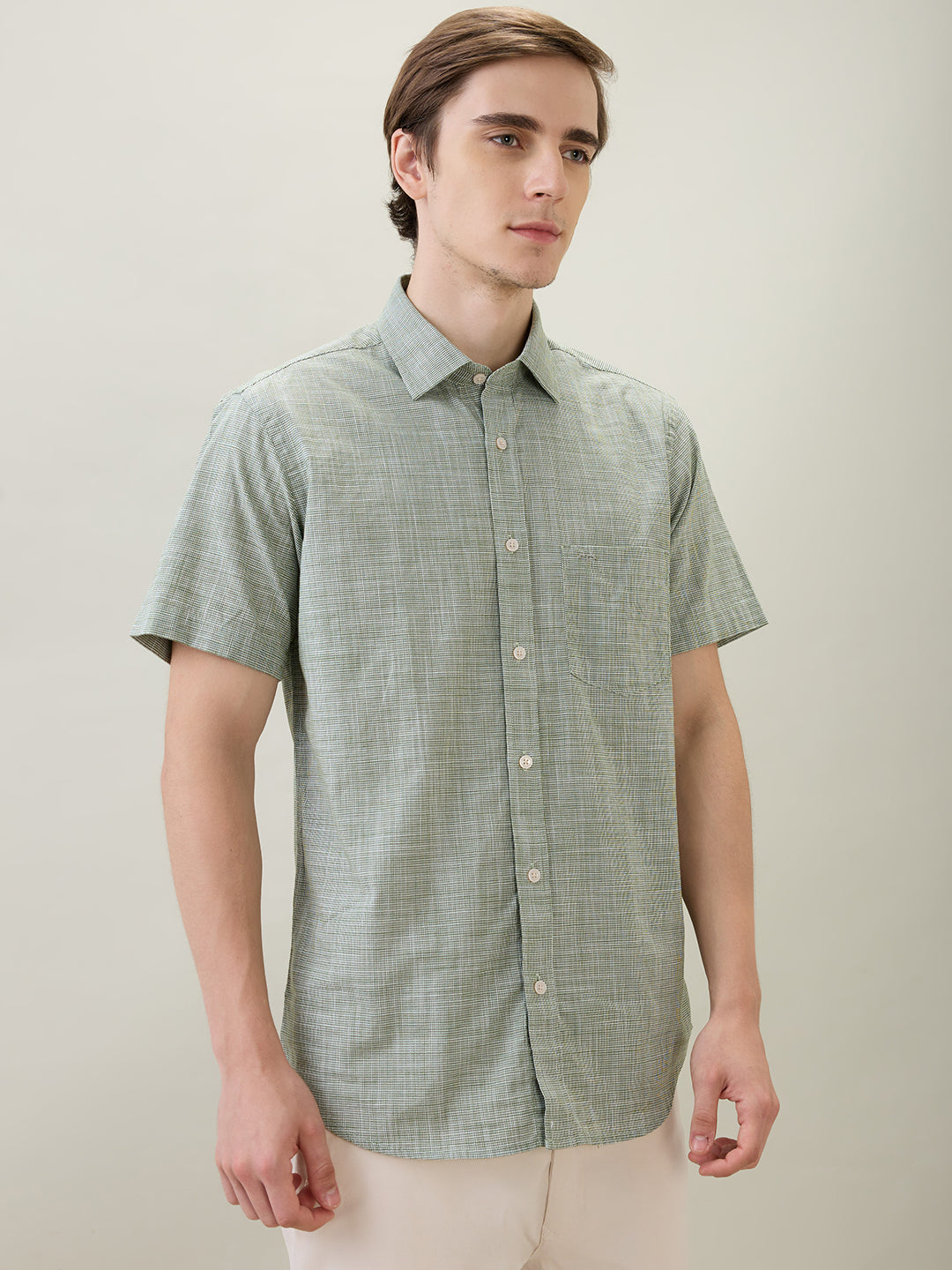 Colorplus Men Green Dobby Regular Fit Cotton Half Sleeve Casual Shirt