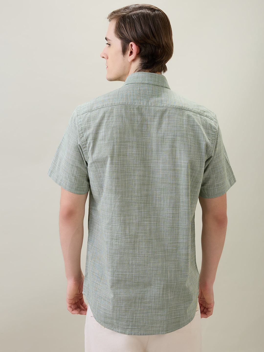 Colorplus Men Green Dobby Regular Fit Cotton Half Sleeve Casual Shirt