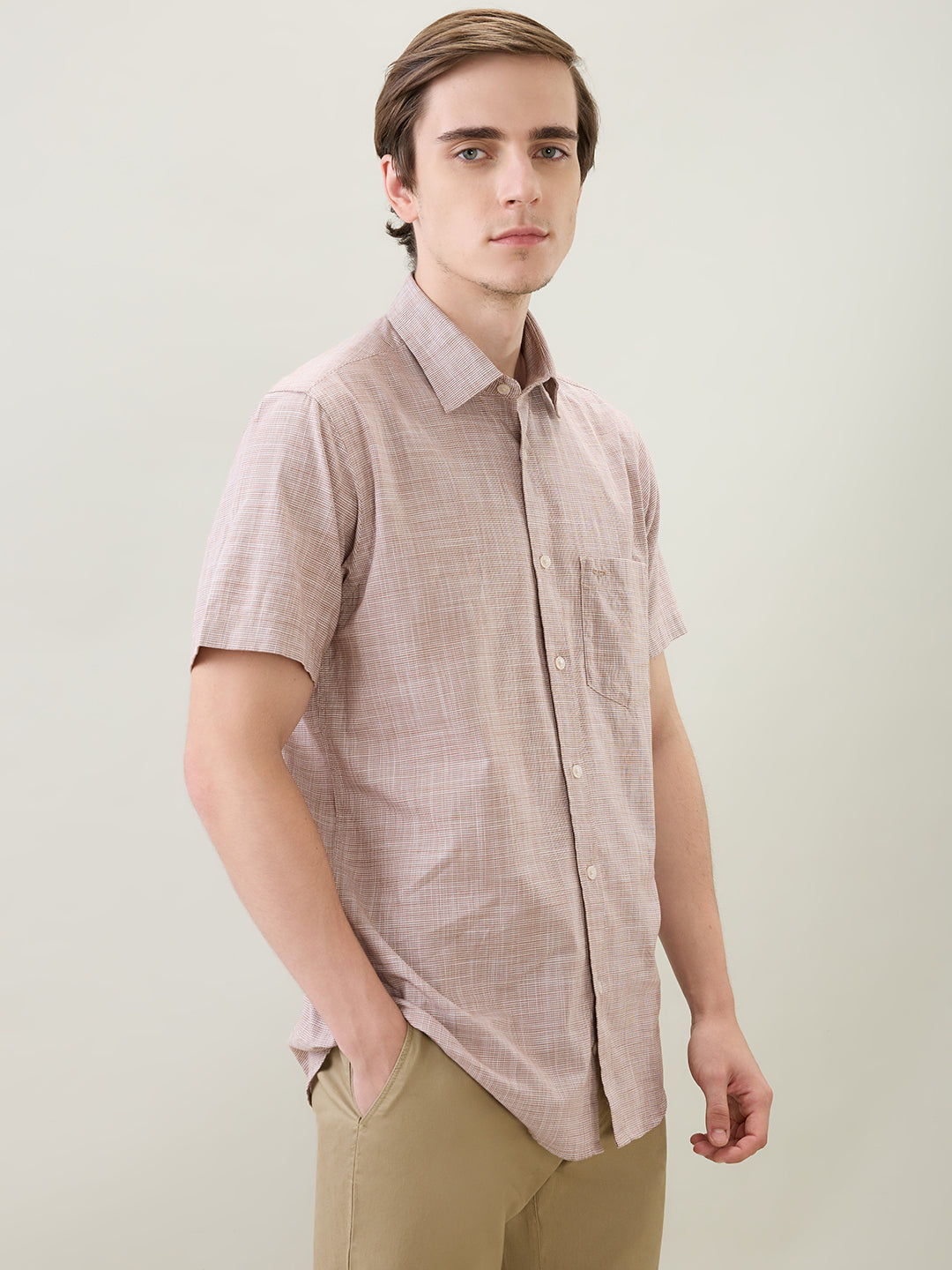 Colorplus Men Brown Dobby Regular Fit Cotton Half Sleeve Casual Shirt
