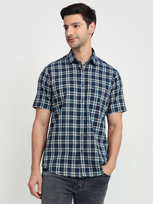 Colorplus Men Blue Checks Regular Fit Cotton Half Sleeve Casual Shirt