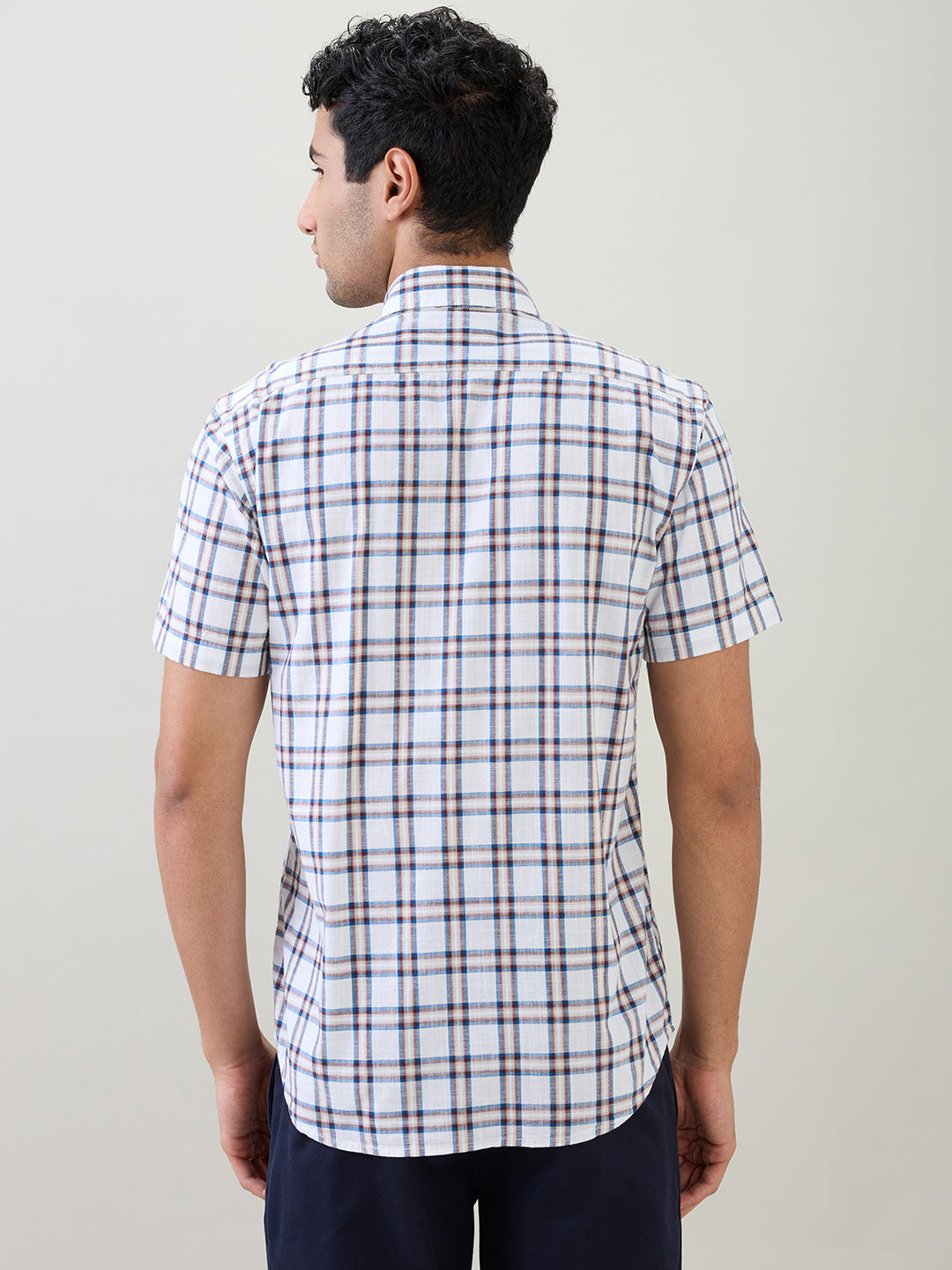 Colorplus Men White Checks Regular Fit Cotton Half Sleeve Casual Shirt