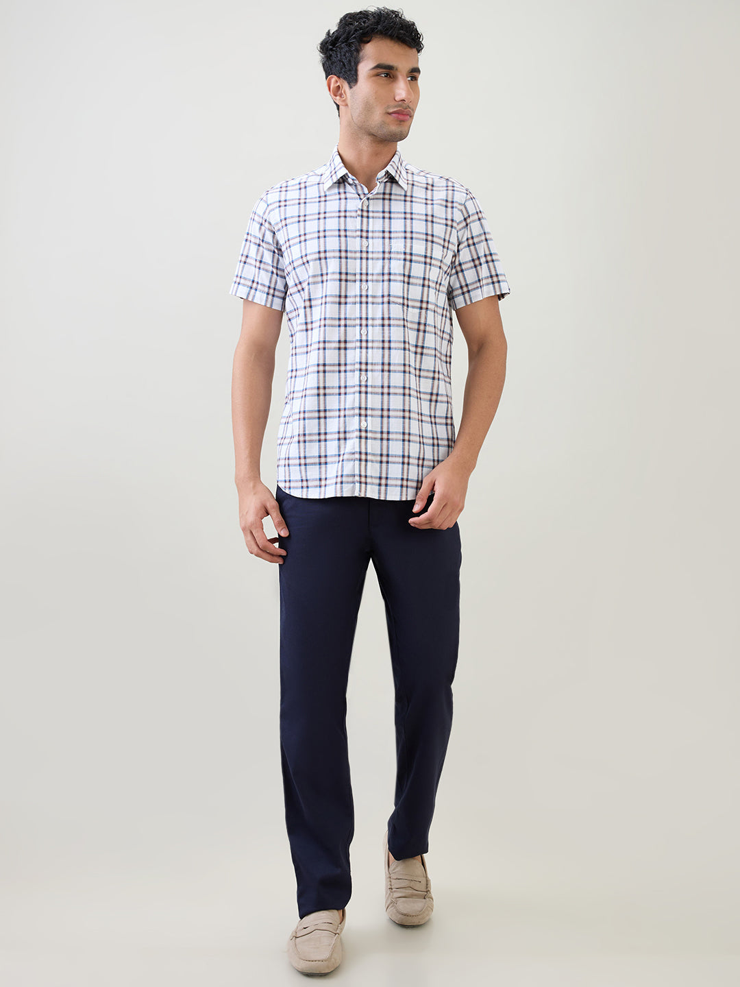 Colorplus Men White Checks Regular Fit Cotton Half Sleeve Casual Shirt