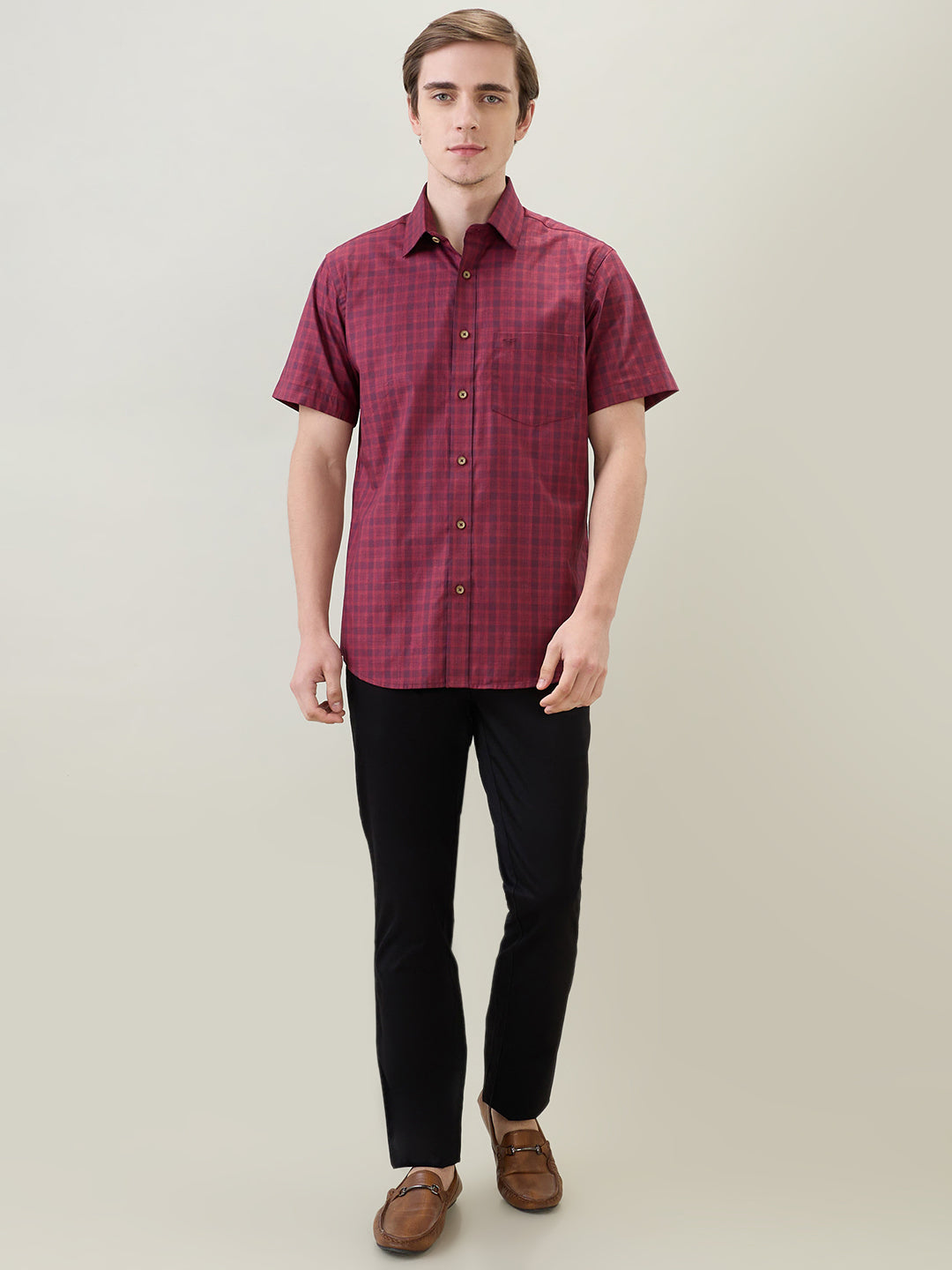 Colorplus Men Maroon Checks Regular Fit Cotton Half Sleeve Casual Shirt