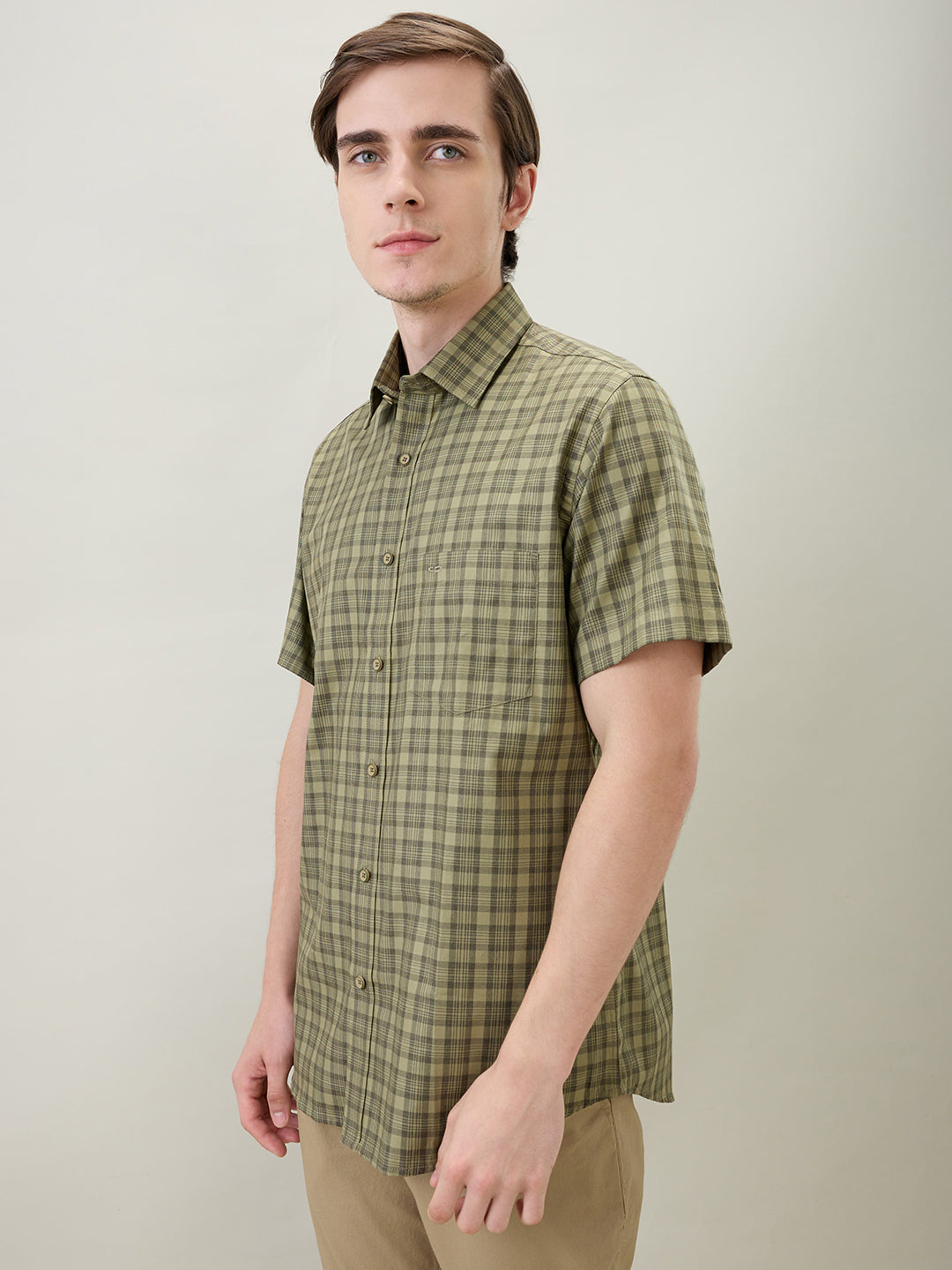 Colorplus Men Green Checks Regular Fit Cotton Half Sleeve Casual Shirt