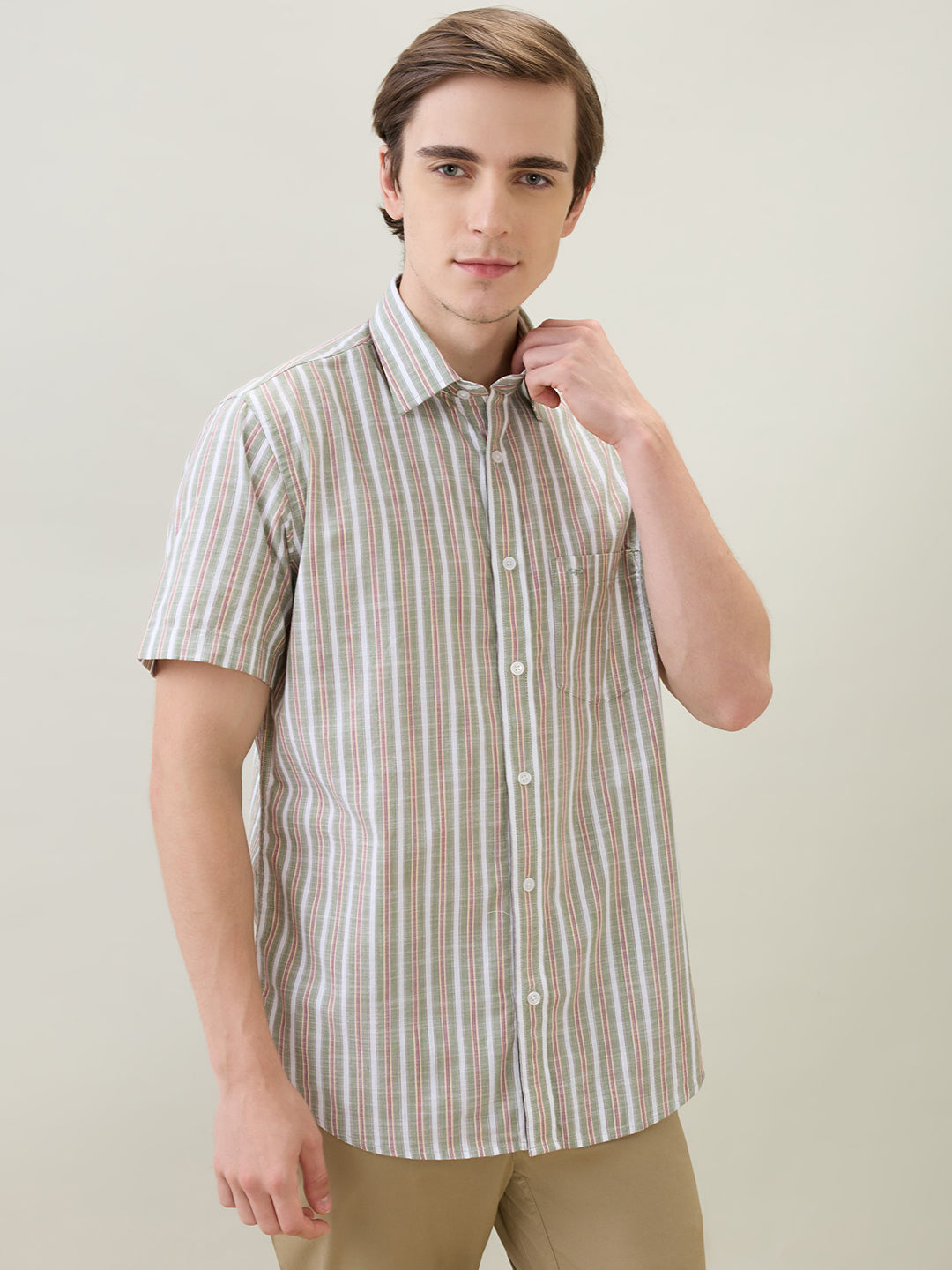 Colorplus Men Green Stripe Regular Fit Cotton Half Sleeve Casual Shirt