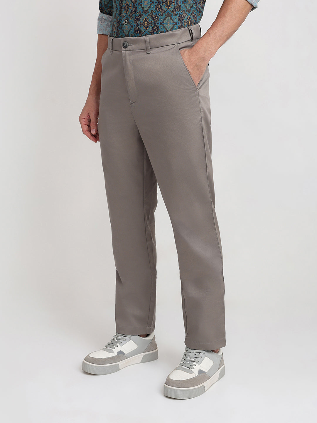 Colorplus Men Grey Twill Regular Fit Cotton Trouser