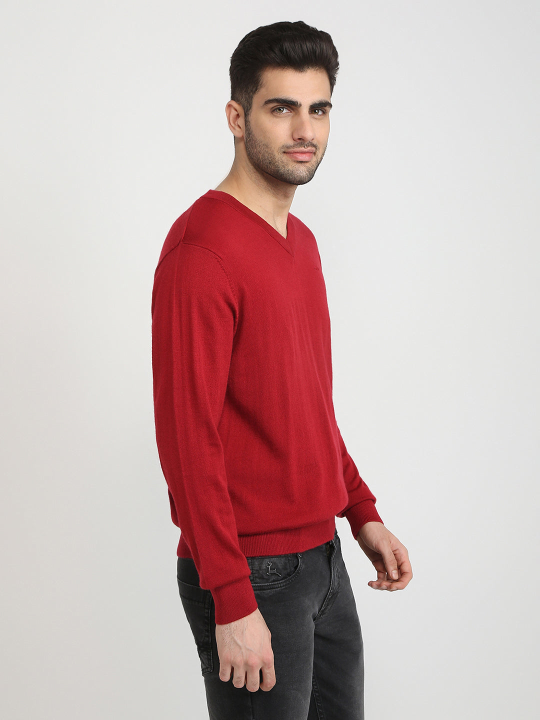 Colorplus Men Red Solid Regular Fit Wool Blend Full Sleeve V Neck Collar Sweater