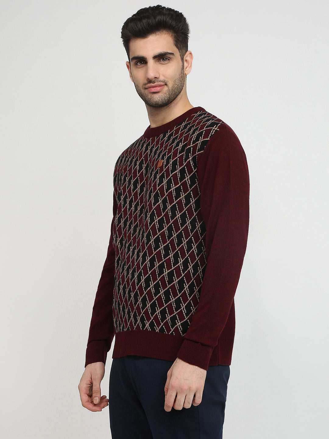 Colorplus Men Maroon Jacquard Regular Fit Acrylic Full Sleeve V Neck Collar Sweater
