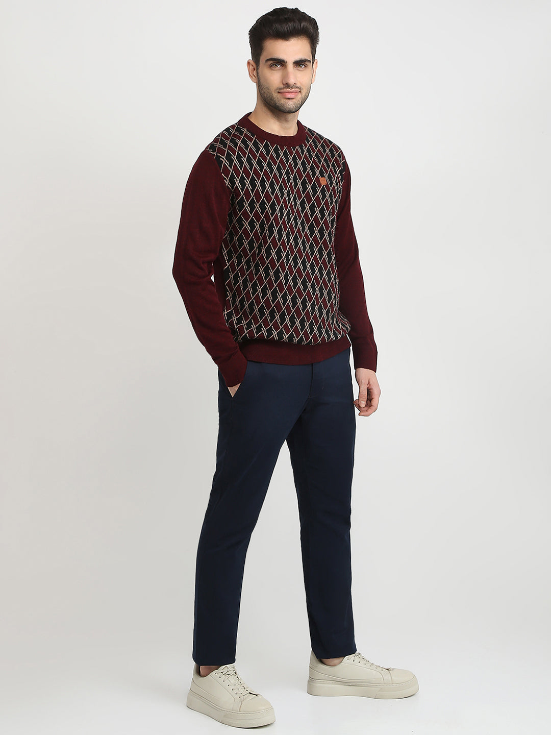 Colorplus Men Maroon Jacquard Regular Fit Acrylic Full Sleeve V Neck Collar Sweater