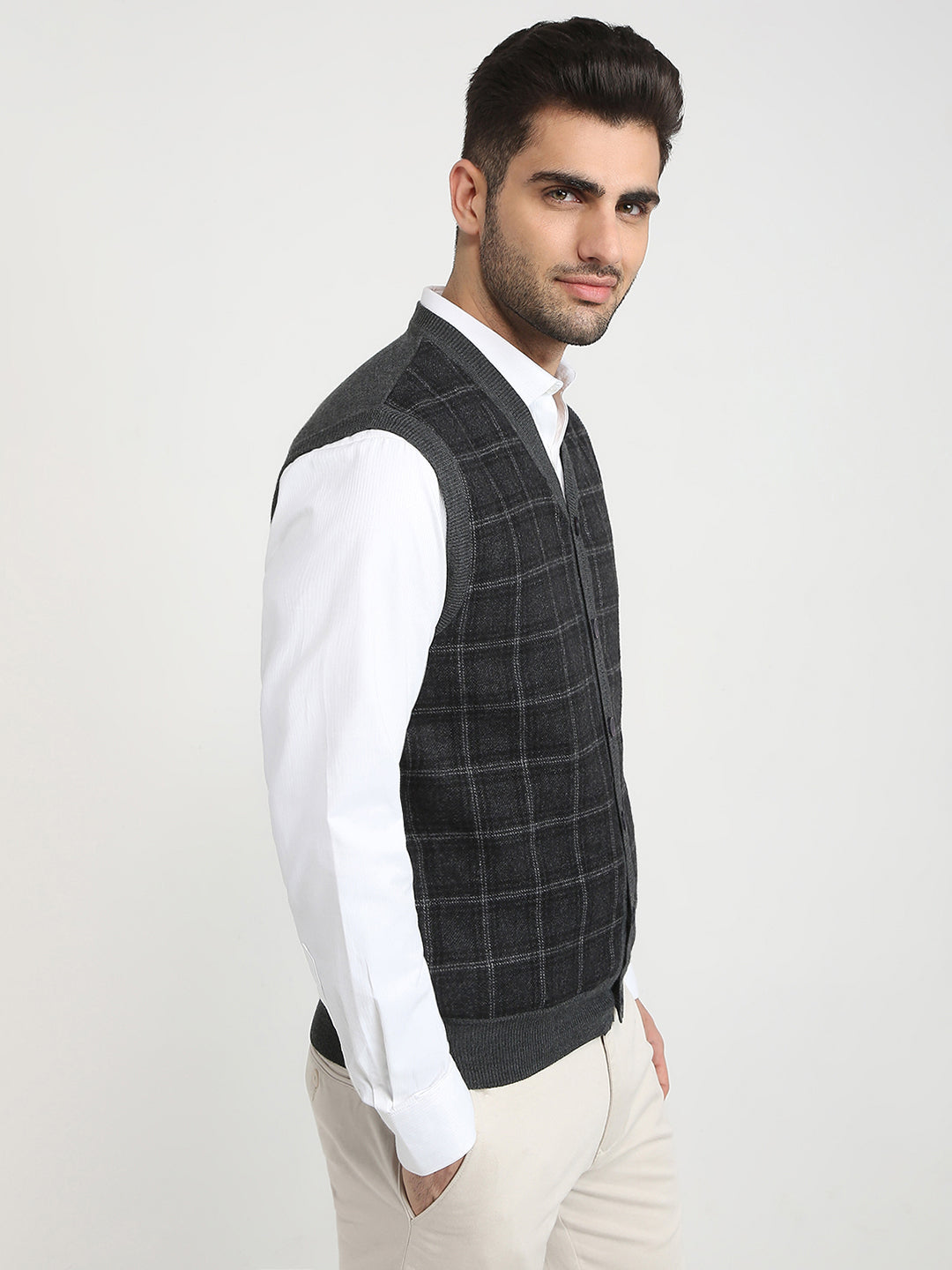 Colorplus Men Grey Tweed Regular Fit Wool Blend Sleeveless V Neck Collar Sweater