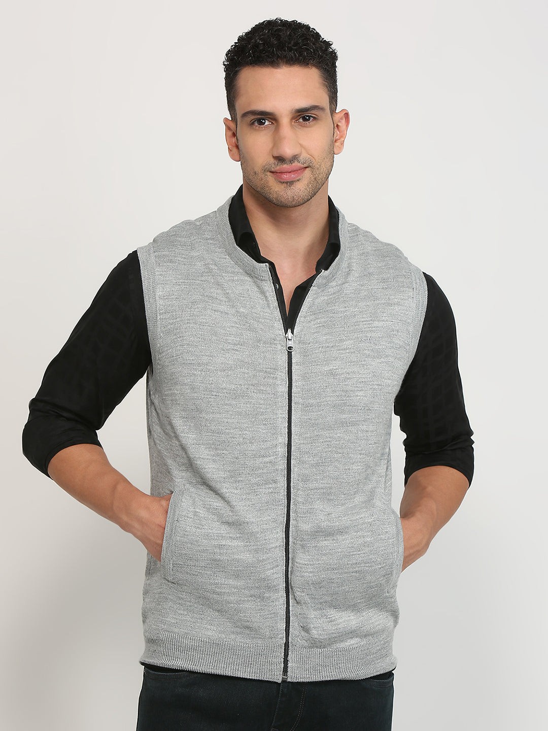 Colorplus Men Grey Solid Regular Fit Acrylic Blend Sweater