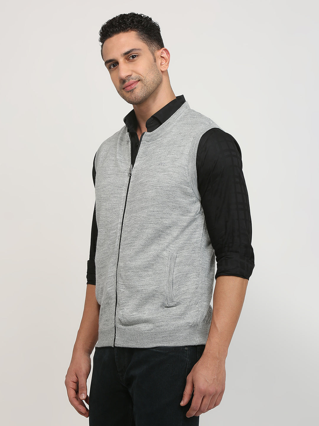 Colorplus Men Grey Solid Regular Fit Acrylic Blend Sweater