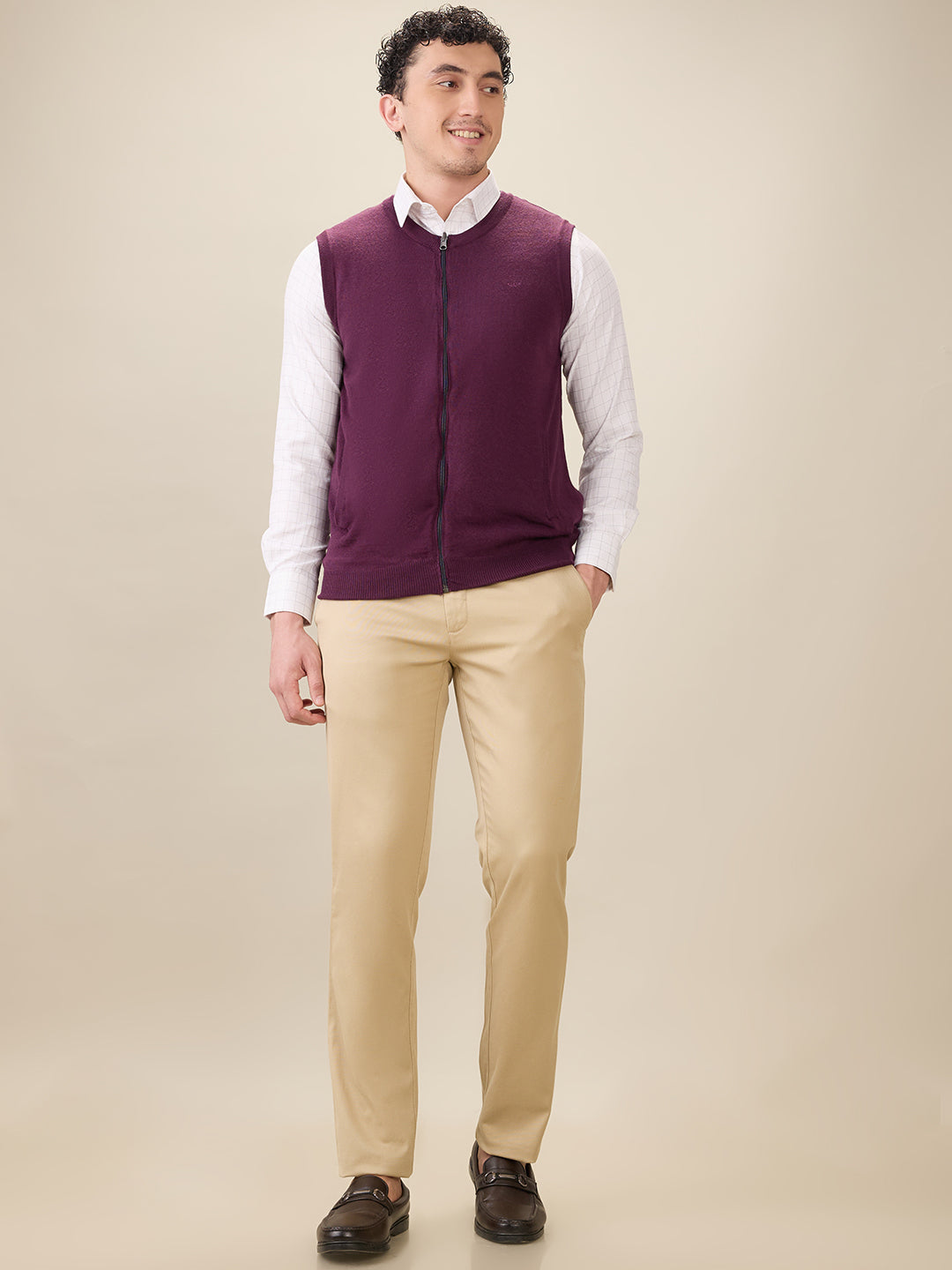 Colorplus Men Maroon Solid Regular Fit Acro Blend Sleeveless V Neck Collar Sweater