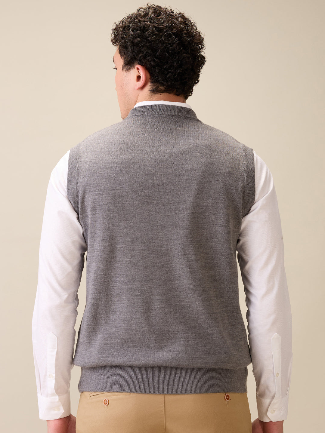 Colorplus Men Grey Plain Regular Fit Wool Blend Sleeveless V Neck Collar Sweater