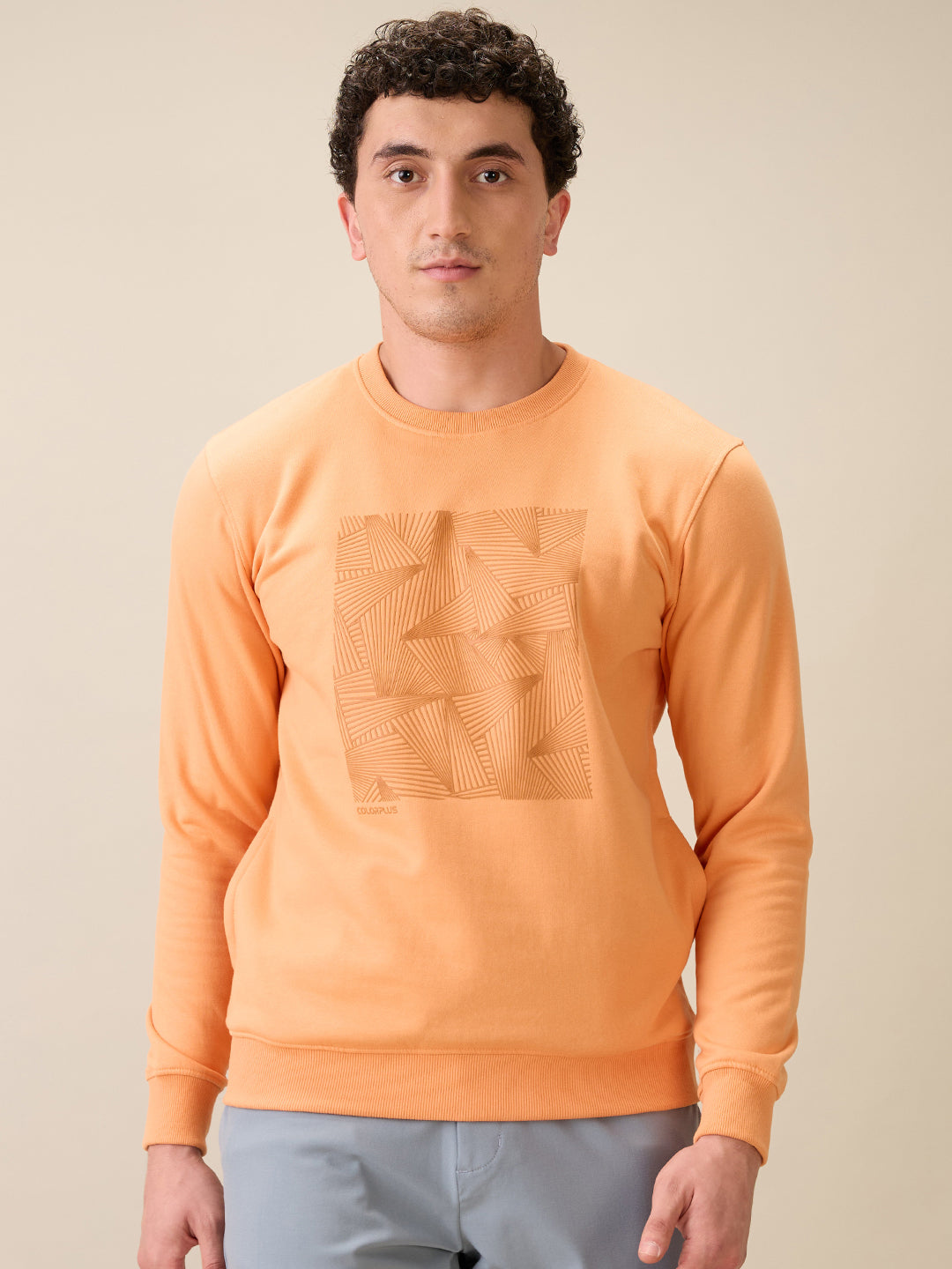 Colorplus Men Orange Printed Regular Fit Cotton Blend Full Sleeve Sweatshirt