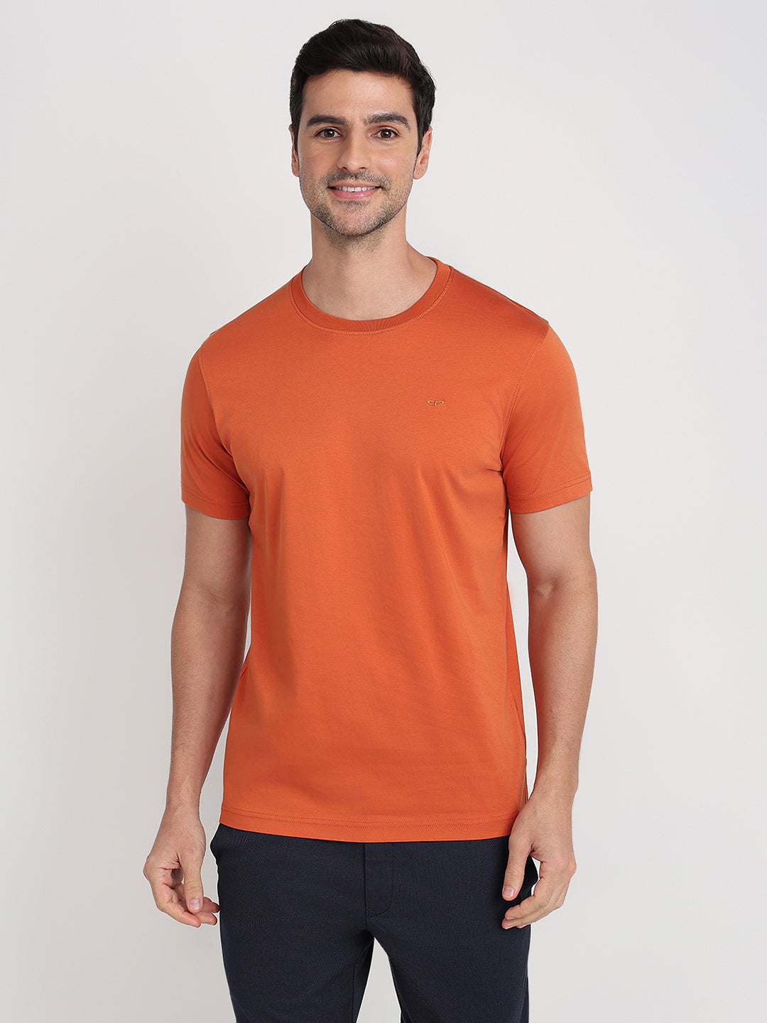 Colorplus Men Orange Solid Regular Fit Cotton Half Sleeve Round Neck Collar T-Shirt