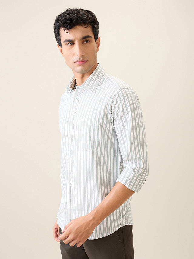 Colorplus Men Green Stripe Slim Fit Cotton Casual Shirt
