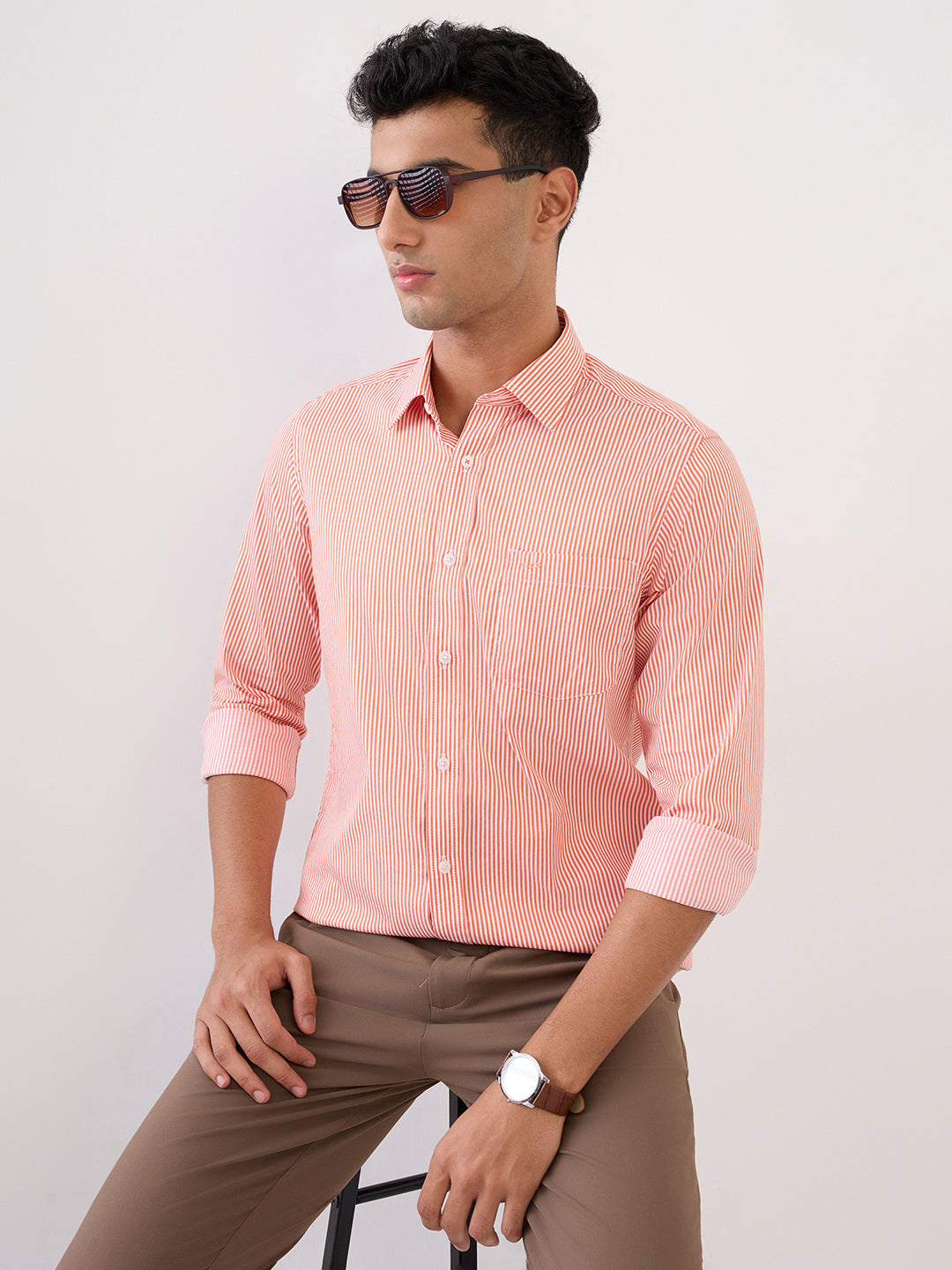 Colorplus Men Orange Stripe Slim Fit Cotton Blend Full Sleeve Casual Shirt