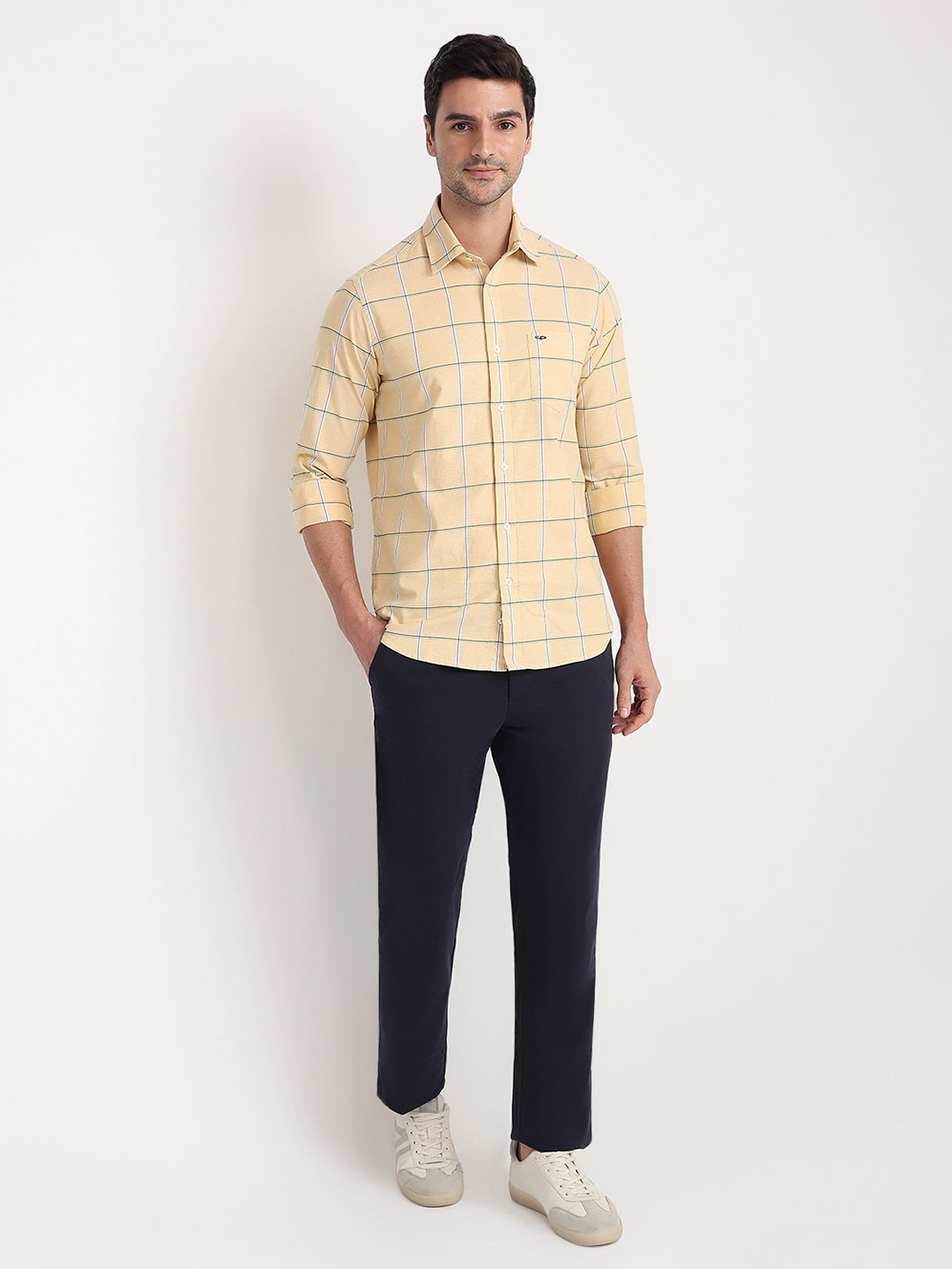 Colorplus Men Yellow Checks Slim Fit Cotton Blend Full Sleeve Casual Shirt