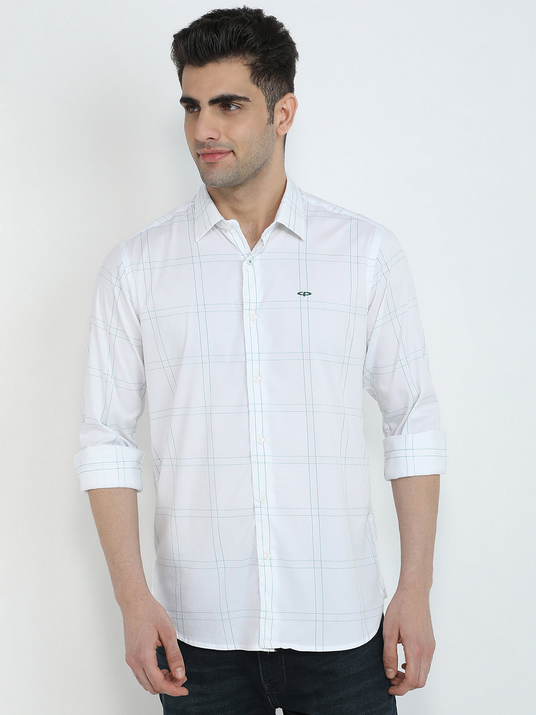 Colorplus Men White Checks Regular Fit Cotton Blend Full Sleeve Casual Shirt