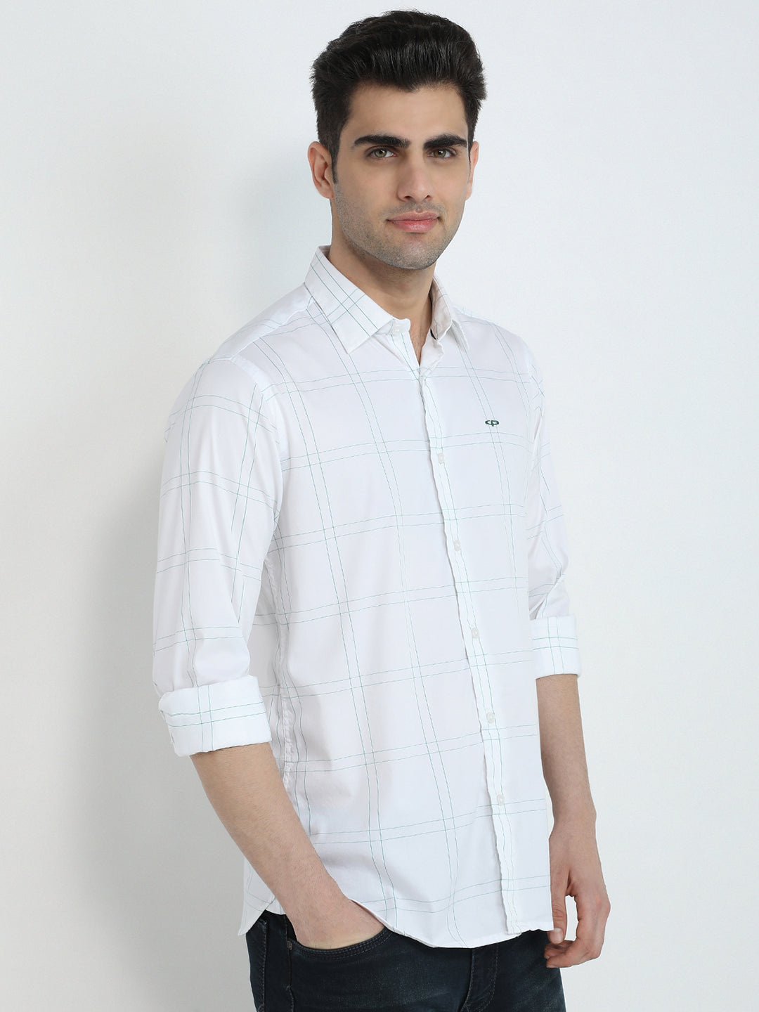 Colorplus Men White Checks Regular Fit Cotton Blend Full Sleeve Casual Shirt