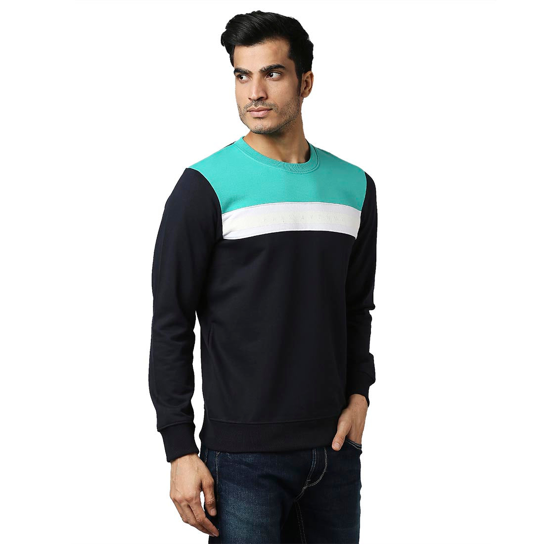 Park Avenue Men Blue Slim Fit Solid Cotton Polyster Blend Sweatshirts
