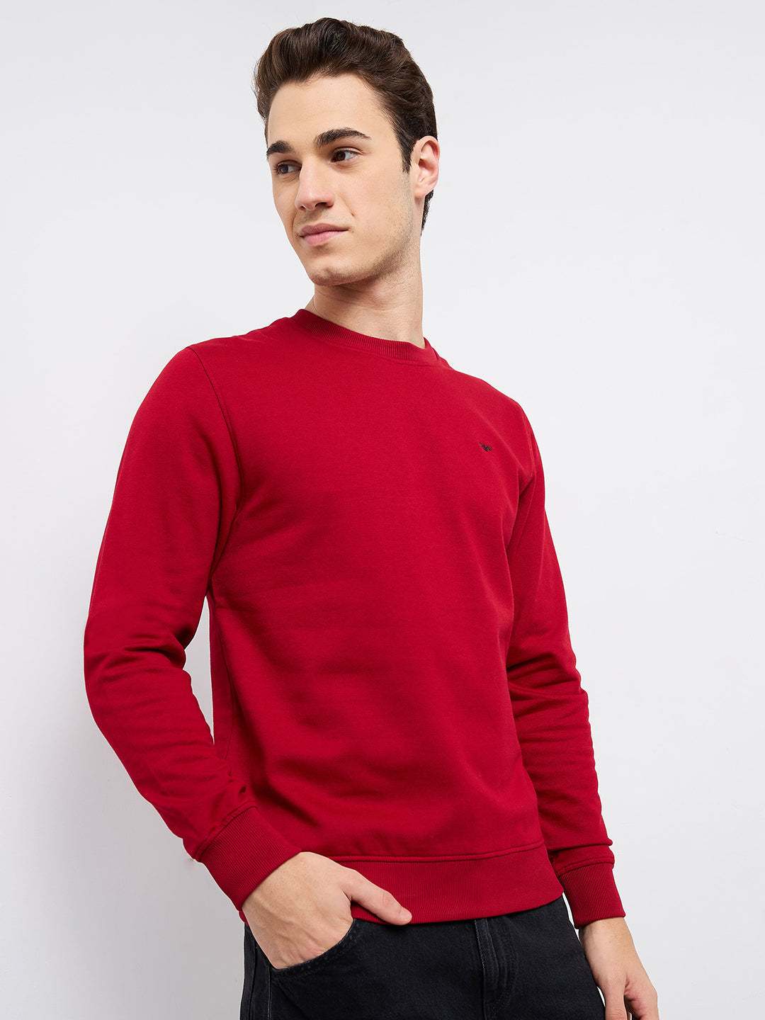 Park Avenue Men Red Solid Slim Fit Cotton Blend Round Neck Collar Sweatshirt