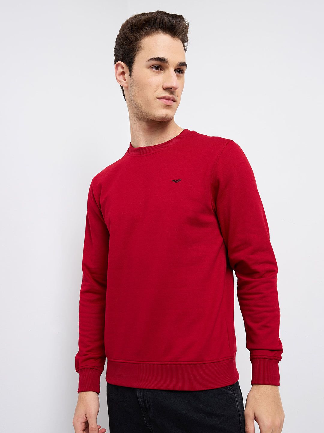Park Avenue Men Red Solid Slim Fit Cotton Blend Round Neck Collar Sweatshirt