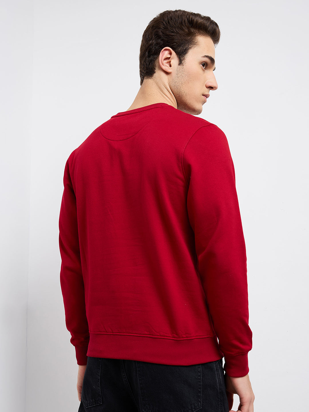 Park Avenue Men Red Solid Slim Fit Cotton Blend Round Neck Collar Sweatshirt