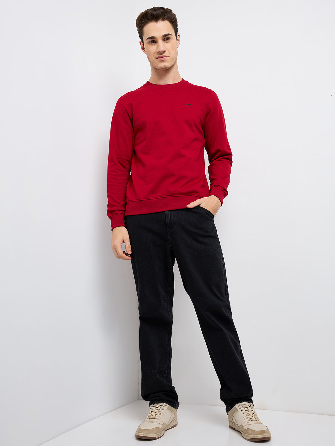 Park Avenue Men Red Solid Slim Fit Cotton Blend Round Neck Collar Sweatshirt