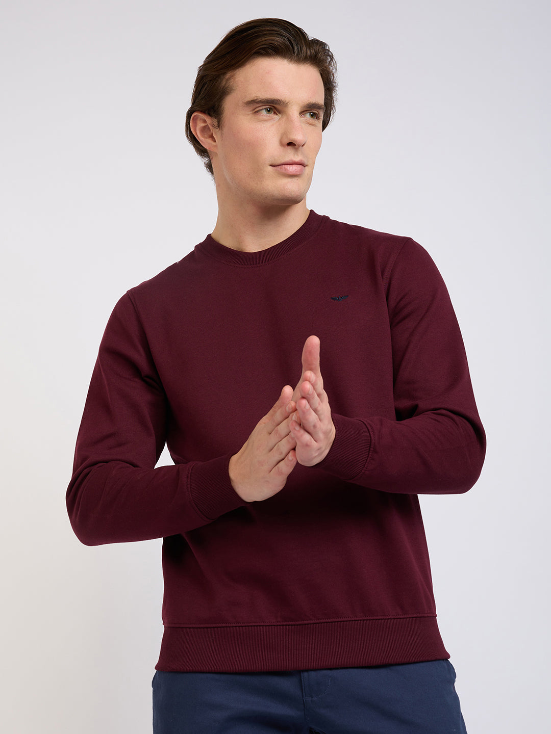 Park Avenue Men Red Solid Slim Fit Cotton Blend Round Neck Collar Sweatshirt