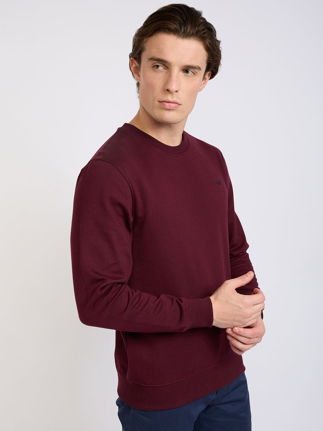 Park Avenue Men Red Solid Slim Fit Cotton Blend Round Neck Collar Sweatshirt